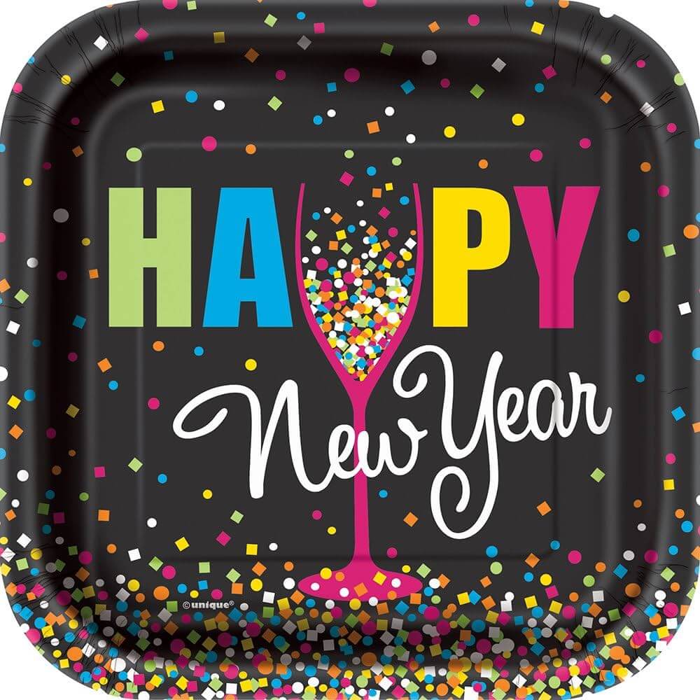 Plato 7" Cuadrado Confetti Happy New Year