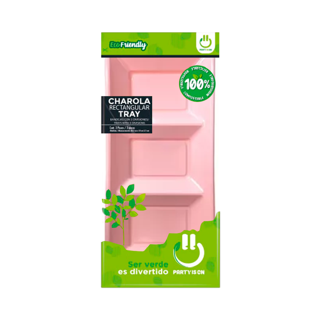 Charola Rectangular Con Division Rosa Claro C/3